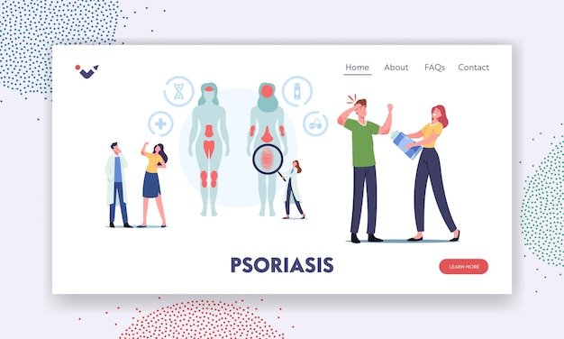 Vector plantilla de página de destino de psoriasis. tiny doctor character show áreas afectadas en el cuerpo humano. enfermedad cutánea autoinmune. estructura etiquetada con escamas y placas. ilustración de vector de gente de dibujos animados