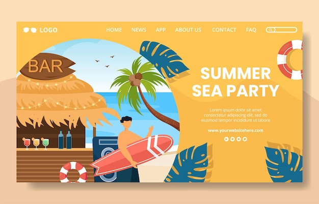 Plantilla de página de destino de redes sociales de fiesta de verano Ilustración de vector de fondo de dibujos animados plana