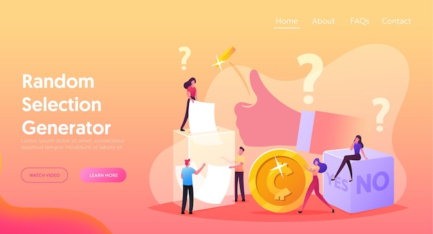 Plantilla de página de destino de selección aleatoria. Pequeños personajes lanzan monedas y dados con lados sí o no, sacando papel de la caja transparente para responder una pregunta importante. caricatura, gente, vector, ilustración