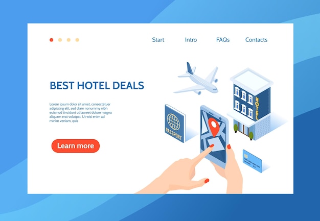 Plantilla de página de destino del sitio web de concepto de hotel isométrico con enlaces de texto editables y botón en el que se puede hacer clic