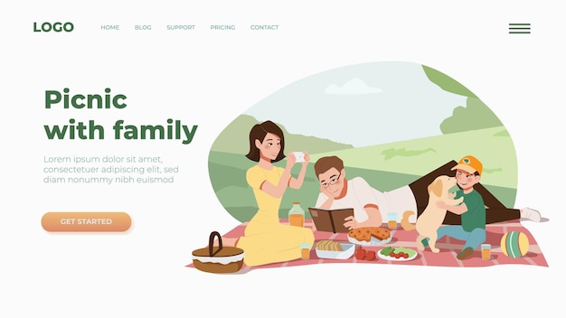 Plantilla de página de destino para sitio web con picnic familiar Ilustración plana