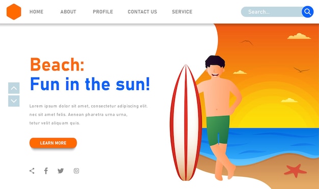 Vector plantilla de página de destino del sitio web de surfista