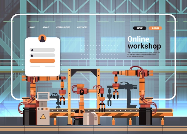 Plantilla de página de destino del sitio web del taller en línea máquina robótica fabricación industrial concepto de fábrica inteligente
