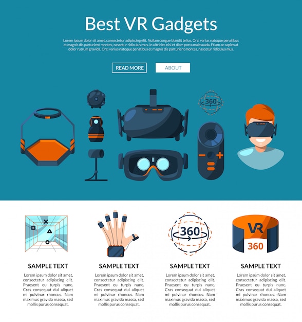Plantilla de página de destino de sitio web para tienda o tienda con ilustración de elementos de realidad virtual de estilo plano
