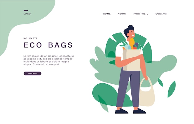 La plantilla de página de destino para sitios web con jóvenes lleva bolsas ecológicas con compras. ilustración de banner de concepto de compras de abarrotes ecológicos.