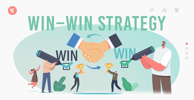 Plantilla de página de destino de solución de estrategia win win. acuerdo de personajes de socios comerciales, asociación, trato. empresarios con copas de oro beneficio exitoso de winwin. ilustración de vector de gente de dibujos animados