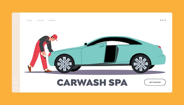 Vector plantilla de página de destino de spa de lavado de autos personaje de trabajador de servicio de lavado de autos con uniforme de lavado y limpieza de automóviles
