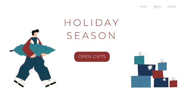 Vector plantilla de página de destino de temporada de vacaciones de invierno con personajes de personas dibujadas a mano con regalos de árbol de navidad y caja de regalo
