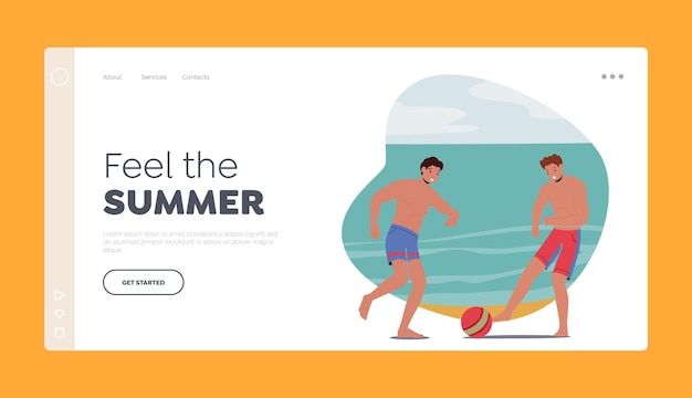 Vector plantilla de página de destino de vacaciones de verano hombres en pantalones cortos de baño jugando a la pelota en la playa de verano o en un resort exótico