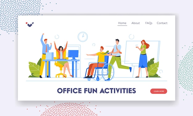 Plantilla de página de inicio de actividades divertidas de oficina gente de negocios engañando a un colega discapacitado rodante sentado en silla de ruedas