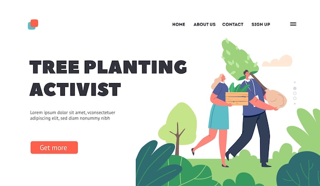 Plantilla de página de inicio de activista de plantación de árboles Revegetación Restauración forestal Concepto de reforestación con voluntario