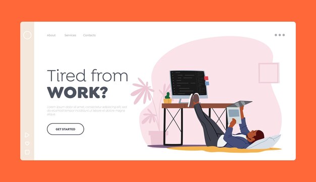 Plantilla de página de inicio de agotamiento emocional del empleado cansado trabajador con exceso de trabajo carácter comercial acostado en el piso