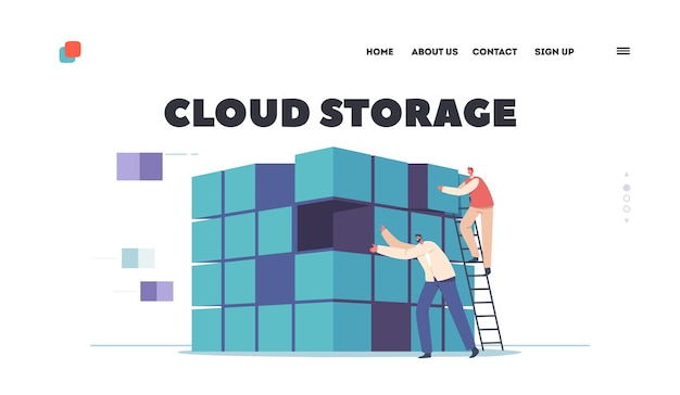 Plantilla de página de inicio de almacenamiento en la nube Caracteres diminutos Cálculo de Big Data en el procesamiento de información del centro de datos