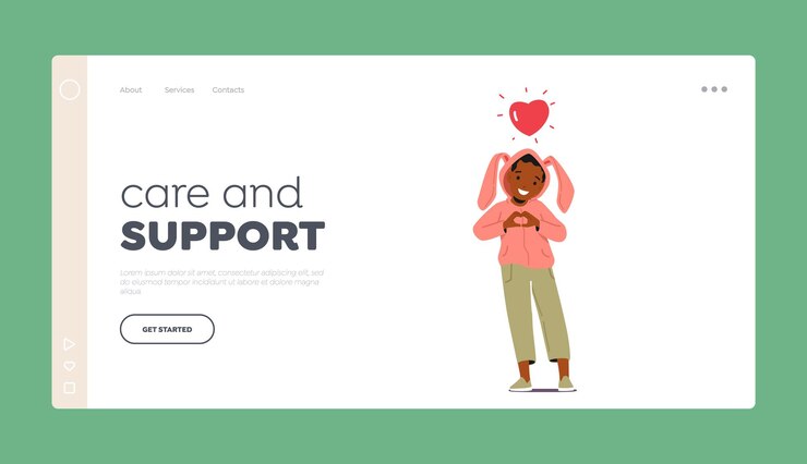 Vector plantilla de página de inicio de atención y apoyo niño pequeño negro mostrar gesto de amor con corazón sobre la cabeza ilustración de dibujos animados