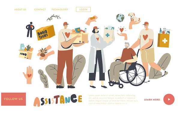 Plantilla de página de inicio de ayuda para personas mayores. Los personajes voluntarios ayudan a las personas mayores a empujar la silla de ruedas, caminar juntos. Hombre y mujer llevan bolsas con productos y medicamentos. Ilustración vectorial lineal