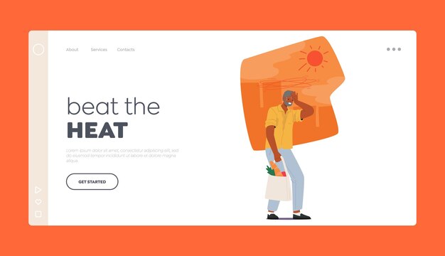 Plantilla de página de inicio de Beat the Heat Hombre mayor que experimenta molestias relacionadas con el calor debido al clima cálido