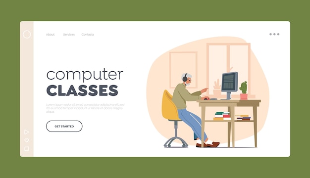 Plantilla de página de inicio de clases de computación Personaje masculino de cabello gris senior sentado en el escritorio con mensaje de escritura de PC
