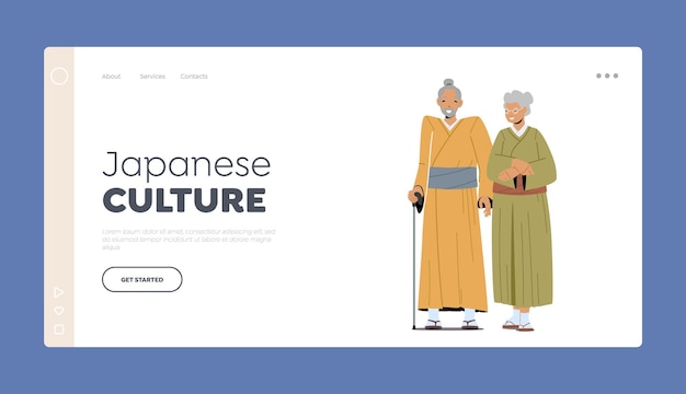 Plantilla de página de inicio de cultura japonesa hombre y mujer asiáticos mayores usan kimono tradicional pareja amigable de edad