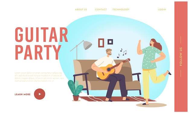 Vector plantilla de página de inicio de fiesta en casa de pareja familiar feliz. hombre tocando guitarra, baile de mujer. personajes masculinos y femeninos fin de semana de tiempo libre, ocio, regocijo juntos. caricatura, gente, vector, ilustración