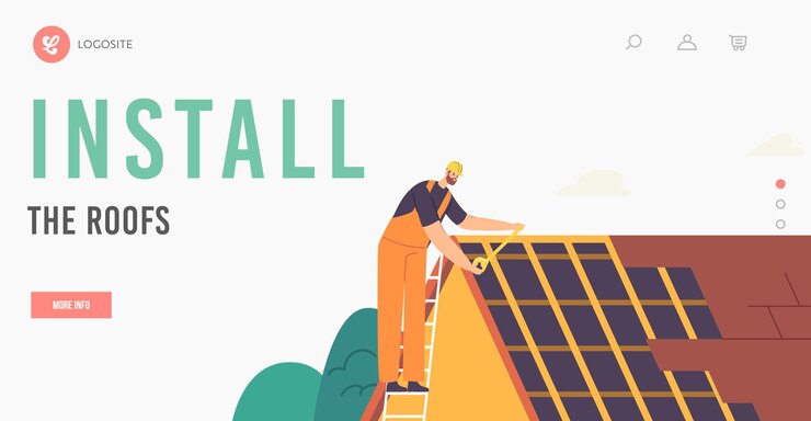 Vector plantilla de página de inicio de instalación de techo. renovación del edificio residencial del hombre del techador. trabajos de techado de carácter de trabajador de construcción de techos, reparación de viviendas, reparación de techos de tejas. ilustración vectorial de dibujos animados