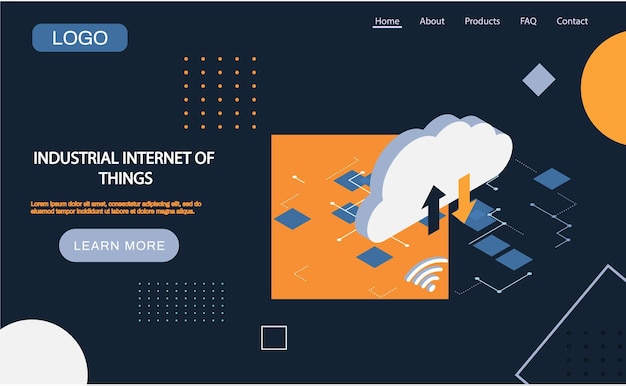 Plantilla de página de inicio de Internet industrial de las cosas Tecnología de nube moderna y concepto de redes Diseño de concepto de computación Base de datos en la nube Recursos de servicios de datos de Internet 4ir revolución AI IoT