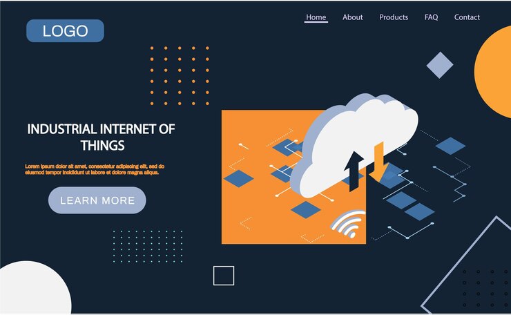 Vector plantilla de página de inicio de internet industrial de las cosas tecnología de nube moderna y concepto de redes diseño de concepto de computación base de datos en la nube recursos de servicios de datos de internet 4ir revolución ai iot