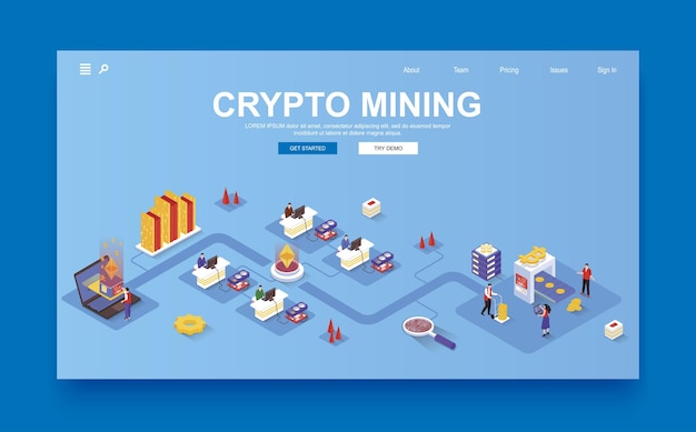 Plantilla de página de inicio isométrica 3d de concepto de minería de criptomonedas Las personas trabajan en la operación de monitoreo de granjas mineras de equipos para recibir bitcoins Ilustración vectorial en diseño gráfico de isometría