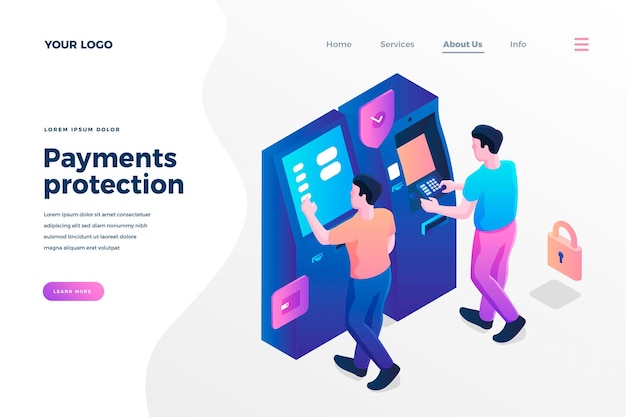 Plantilla de página de inicio isométrica de protección de pagos Clientes bancarios que retiran efectivo en cajeros automáticos Servicio de pago electrónico seguro Diseño de página de sitio web promocional de transacciones financieras seguras