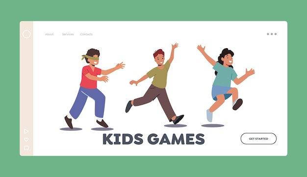 Plantilla de página de inicio de juegos para niños Niño pequeño con los ojos vendados Atrapar amigos escondidos Juegos activos de verano para niños