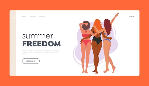 Plantilla de página de inicio de libertad de verano Tres amigas en trajes de baño de pie juntas en la playa Vista desde atrás