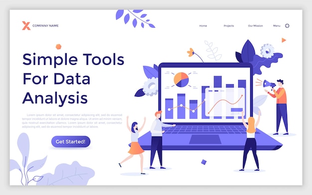 Vector plantilla de página de inicio con personas felices alrededor de una computadora portátil con gráficos en pantalla herramientas para análisis de datos sistema de análisis de información empresarial ilustración de vector plano para promoción de servicio en línea