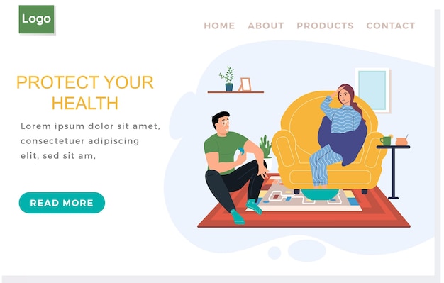 Plantilla de página de inicio Proteger el concepto de salud humana Chico con niña enferma jugando juegos de mesa Personas automedicándose en casa Diseño de sitio web de Internet Mujer que sufre de dolor de cabeza y piernas se dispara