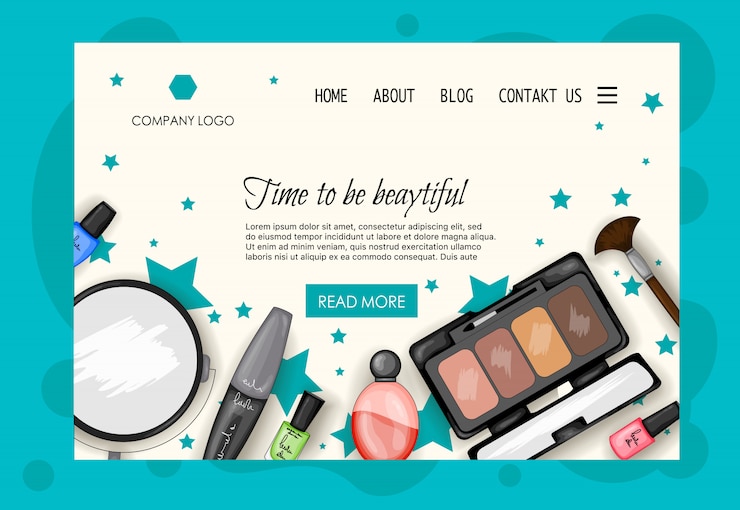 Vector plantilla de página de inicio para salones de belleza, tiendas de cosméticos. estilo de dibujos animados