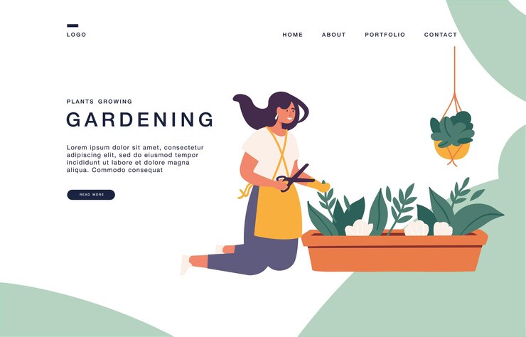 Plantilla de página de inicio para sitios web con Ilustración vectorial niña cuidando plantas domésticas que crecen en sembradoras. Bandera de ilustración de concepto de jardinería