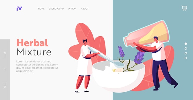 Plantilla de página de inicio de taller de artesanía de jabón hecho a mano de personas. Pequeños personajes masculinos femeninos vierten flores de ingredientes naturales y aceite esencial en un enorme tazón de jabón para mezclar. Ilustración vectorial de dibujos animados