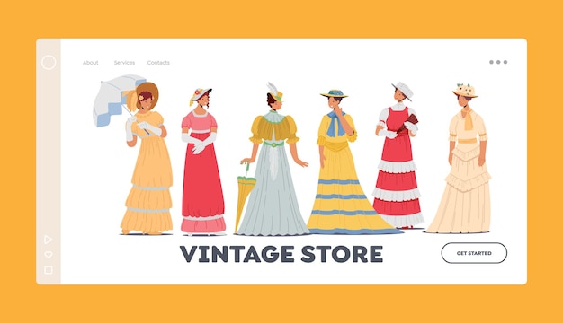 Vector plantilla de página de inicio de tienda vintage hermosas damas europeas del siglo xix usan vestidos elegantes mujeres victorianas