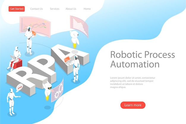 Plantilla de página de inicio de vector plano isométrico de automatización de procesos robóticos rpa ai aprendizaje automático de inteligencia artificial