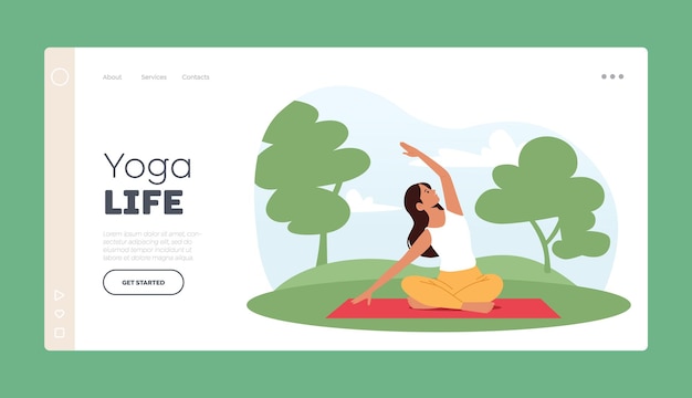 Plantilla de página de inicio de vida de yoga Mujer sentada en posición de loto con la mano arriba Meditando en Asana Equilibrio de estilo de vida saludable