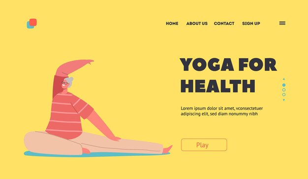 Plantilla de página de inicio de yoga para la salud Personaje femenino senior en ropa deportiva Participar en la práctica de yoga Clase de entrenamiento de pilates