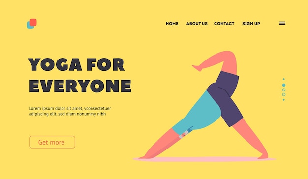 Vector plantilla de página de inicio de yoga para todos anciano de pie en asana con pierna levantada estilo de vida saludable relajarse