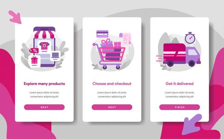 Vector plantilla de página de pantalla de incorporación de la aplicación de compras en línea