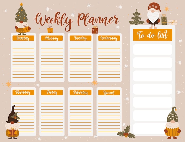 Plantilla de página de planificador semanal de Navidad con lindos gnomos en estilo de dibujos animados