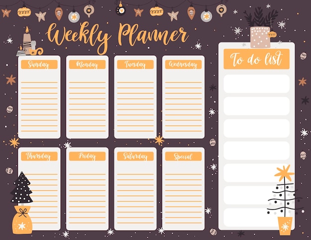 Plantilla de página de planificador semanal de Navidad, lista de tareas con elementos de año nuevo en estilo de dibujos animados