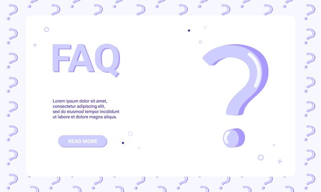 Plantilla de página de preguntas frecuentes. Pancarta de preguntas frecuentes. Patrón y signo de interrogación de la página web de soporte al usuario