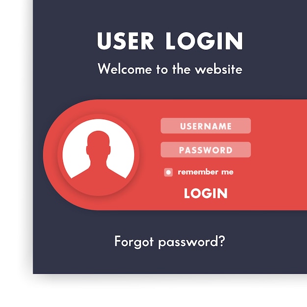 Vector plantilla de página de ventana de inicio de sesión de usuario para sitio web en ilustración de vector azul oscuro rojo