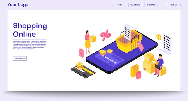Plantilla de página web de aplicación de compras móviles en línea con ilustración isométrica