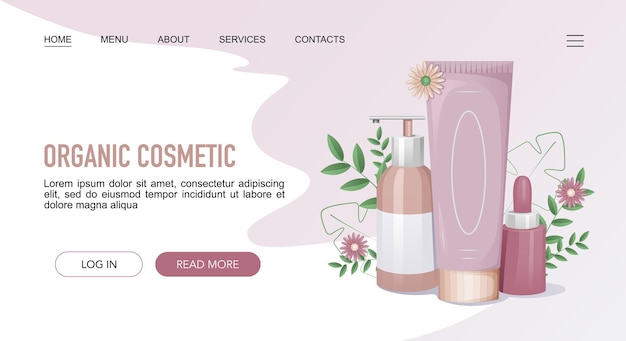 plantilla de página web de aterrizaje de cosméticos orgánicos con envases y botellas en fondo floral