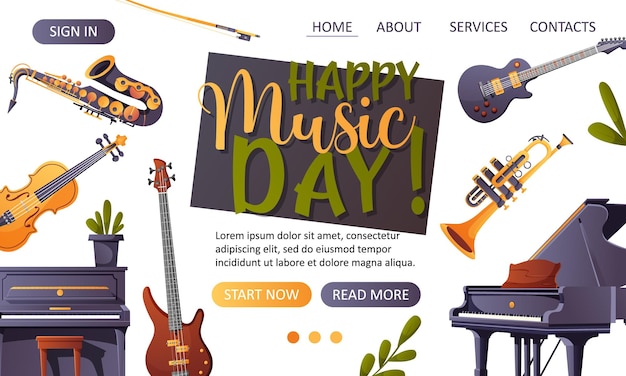 plantilla de página web de aterrizaje vectorial con instrumentos musicales