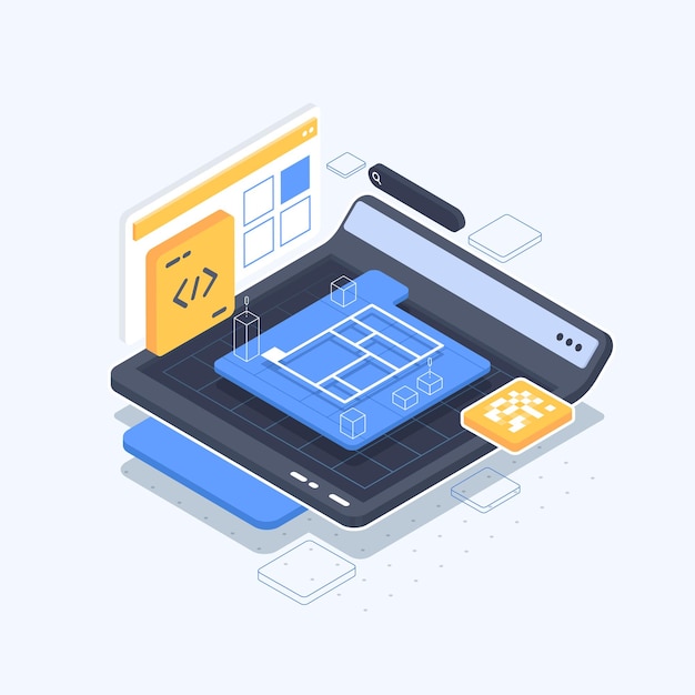 plantilla de página web Desarrollo de software Ilustración vectorial con portátil y código de programa en pantalla