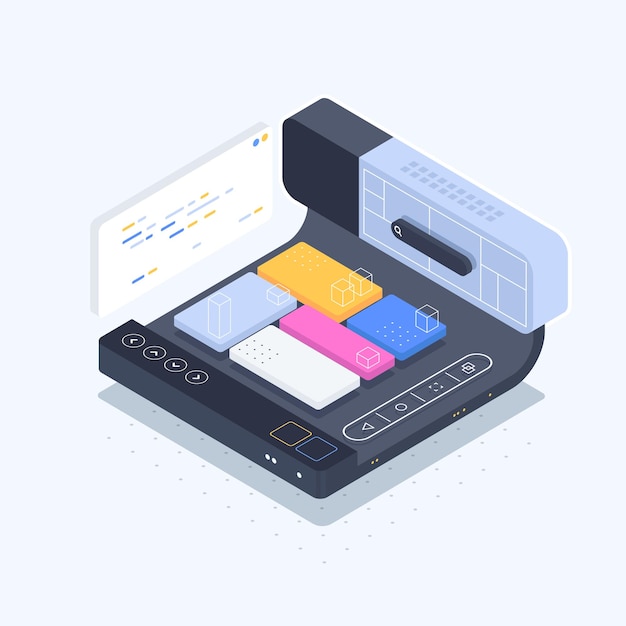 plantilla de página web Desarrollo de software Ilustración vectorial con portátil y código de programa en pantalla